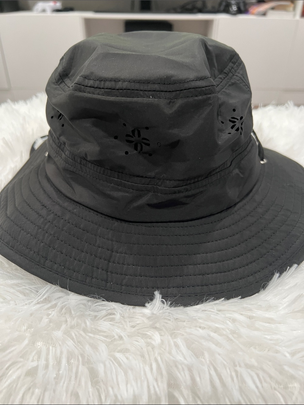 Black Wide-Brim Bucket Hat - Vent Detail